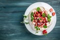 Cake Pavlova with whipped cream, fresh strawberrie and mint, banner, menu, recipe place for text, top view