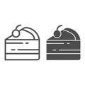 Cake piece line and solid icon, Street food concept, slice of pie with cherry sign on white background, Piece of cake Royalty Free Stock Photo