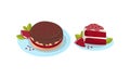 Cake Piece and Pie of Pomegranate Fruit Served on Plate Vector Set