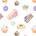 Cake piece watercolor flour food gouache semlless pattern drawing illustration brown cottage cheese coffe deseret