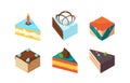 Cake pieces. Delicious isometric sweets tasty food birthday glazed gourmet products garish vector colored illustrations