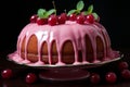 a cake with pink icing and cherries on a plate