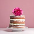 Cake with pink rose on a pink background. 3d render. Royalty Free Stock Photo