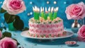 cake with pink roses realistic scene of a birthday cake with roses and a sparkler on a white plate. The cake is round Royalty Free Stock Photo