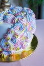 Cake piping and decorating to create amazing colourful blooming floral pastel birthday cake. Side view with white buttercream