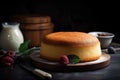 a cake on a plate with berries and a knife next to it on a black table with a jar of yogurt in the background Royalty Free Stock Photo