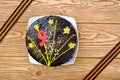 Cake on a plate and St. George ribbons in honor of May 9 - the day of victory in the Great Patriotic War