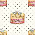 Cake with polka dotsseamless pattern illustration. Pastry and bakery background. Vector design for baker shop, cafe.
