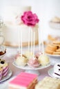 Cake pops on cakestand and various cakes . Candy bar. Royalty Free Stock Photo