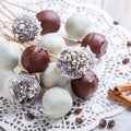 Cake pops decorated with white, dark chocolate and coconut on napkin, natural light selective focus. Royalty Free Stock Photo