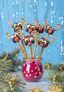 Cake pops Santa reindeers from marshmallows, sweet straw and chocolate on blue, Idea Christmas treats for kids Royalty Free Stock Photo