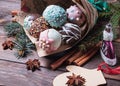 Cake pops. Sweet food. Dark wooden Christmas background. Christmas decorations. Royalty Free Stock Photo