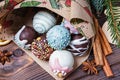 Cake pops. Sweet food. Dark wooden Christmas background. Christmas decorations. Royalty Free Stock Photo