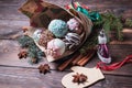 Cake pops. Sweet food. Dark wooden Christmas background. Christmas decorations. Copy space. Royalty Free Stock Photo