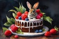 Cake with rabbit ears for Easter, birthday, holiday. Easter cake, kulich surrounded by painted eggs with spring flower Royalty Free Stock Photo