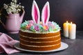 Cake with rabbit ears for Easter, birthday, holiday. Easter cake, kulich surrounded by painted eggs with spring flower Royalty Free Stock Photo