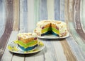 The cake, Rainbow Cake. Rainbow cake layers. Slice of Birthday Cake Royalty Free Stock Photo