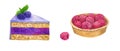 Purple cake with blackberry and icing. Cake with raspberries. Hand drawn watercolor illustration. Isolated on white background Royalty Free Stock Photo