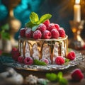 Cake with raspberries and mint. Fine Dessert. AI generated