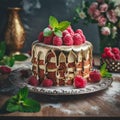 Cake with raspberries and mint. Fine Dessert. AI generated