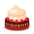 Cake raspberry with chocolate cream and meringue. concept of birthday. flat vector illustration isolated