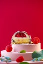 cake with raspberry filling cut and raspberries on a pink podium on a red background.Delicate airy cake souffle.Choux