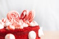 Cake red velvet, chocolate biscuit, white meringue decoration, close-up shot, holiday idea, cafe symbol Royalty Free Stock Photo