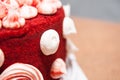 Cake red velvet, white meringue decoration, close-up shot, holiday idea, cafe symbol, merenga close-up, white background, table Royalty Free Stock Photo