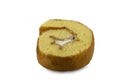 Cake roll vanilla, Japanese milk flavor scent with cream filling on isolated white background and copy space clipping paths.