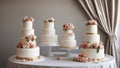 cake with rose A realistic scene of wedding cakes tiered at an indoor party. The cakes are in different shapes Royalty Free Stock Photo