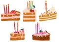 Cakes slices pieces with candles. Confectionery, sweet desserts, birthday and holidays. Set of cakes.