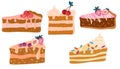 Cakes slices pieces. Set of cakes. Sweet dessert. Vector illustration for Birthday, party