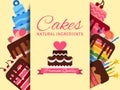 Cake shop banner vector illustration. Cakes natural ingredients. Premium quality. Chocolate and fruity desserts for cake