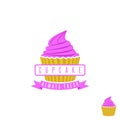 Cake shop logo, sweet cupcake with pink cream and ribbon, retro dessert emblem template design element