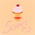 Cake shop logo, sweet cupcake with pink cream and ribbon, retro dessert emblem template design element.