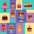 Cake shop pattern vector illustration. Chocolate and fruity desserts for sweet cake shop with cupcakes, cakes, pudding