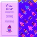 Cake shop seamless pattern vector illustration. Chocolate and fruity desserts for sweet cake shop with cupcakes, cakes Royalty Free Stock Photo