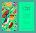 Cake shop set of banners or cards vector illustration. Chocolate and fruity desserts for cake shop with cupcakes, cakes