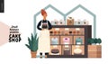 Cake shop - small business graphics - owner at the display