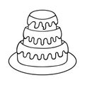 Cake. Sketch. Three tiered dessert on a platter. The festive treat is covered with flowing icing