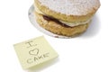 Cake slice with 'I love cake' sign on sticky notepaper