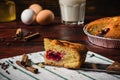 Cake slice with some ingredients and spices on towel Royalty Free Stock Photo