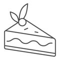 Cake slice thin line icon, confectionary concept, cheesecake sign on white background, piece of chocolate cake with