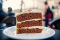 Cake slice on white plate in paris, france, dessert. Cake with cream, food. Temptation, appetite concept. Dessert, food Royalty Free Stock Photo