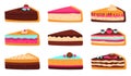 Cake slices. Sweet sliced birthday pie, cheesecake, layered sponge cake, delicious pastry glaze fruit, chocolate dessert