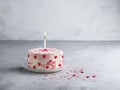 Cake with small hearts and colorful sprinkles with one candle on light background. Romantic love background.