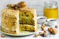 Cake smetannik or general - three layer cake with nut, poppy and raisin