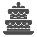 Cake solid icon. Birthday party or wedding sweet dessert symbol, glyph style pictogram on white background. Bakery shop