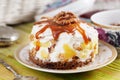 Cake with sour cream, whipped, boiled condensed milk, pineapple, walnuts, chocolate, biscuit,