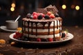 Cake with sponge and cream layers, drizzled with milk chocolate and decorated with fresh berries.